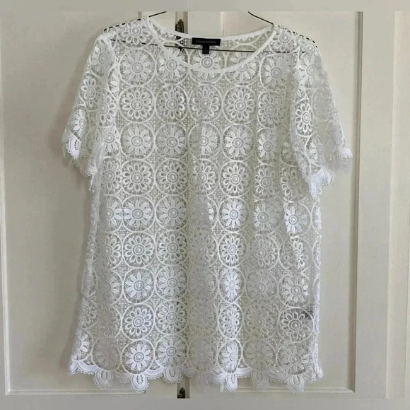 Banana Republic Black Lace Floral Scalloped Short Sleeve Pullover Top Medium - Picture 7 of 12